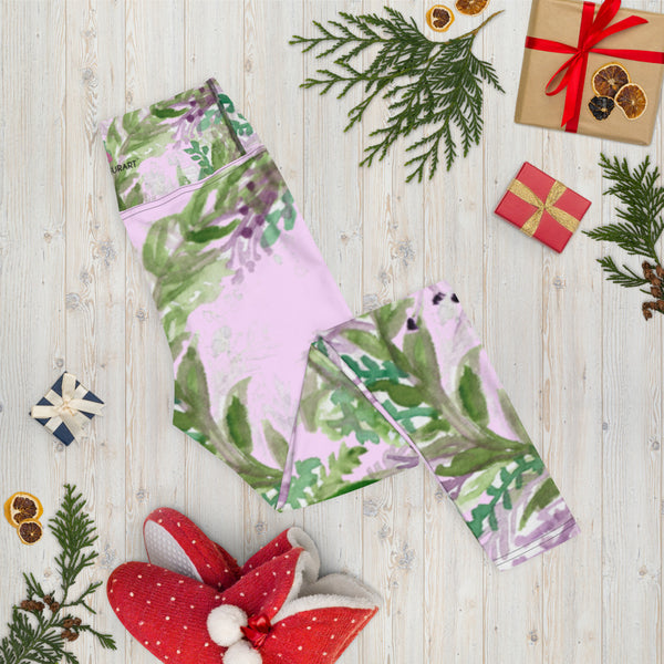 Light Pink Lavender Floral Tights, Yoga Leggings