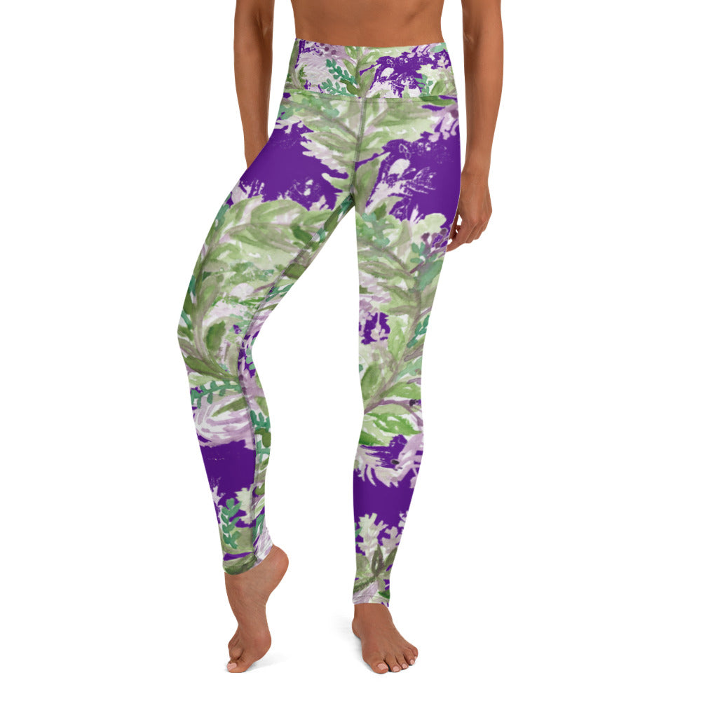 Purple Lavender Floral Yoga Leggings, Women's Flower Tights