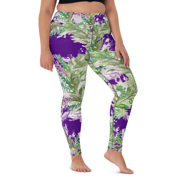 Purple Lavender Floral Yoga Leggings, Women's Flower Tights