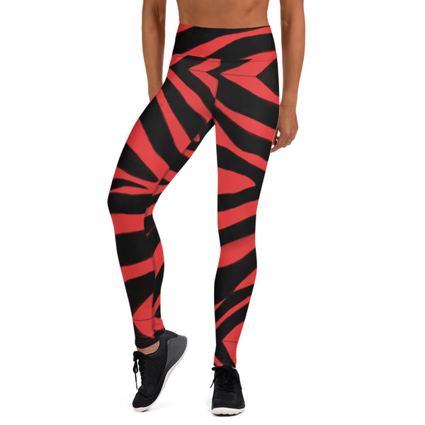 Red Zebra Yoga Leggings, Red and Black Zebra Striped Animal Print Active Wear Fitted Leggings Sports Long Yoga &amp; Barre Pants - Made in USA/EU/MX (US Size: XS-6XL)