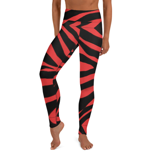 Red Zebra Yoga Leggings, Red and Black Zebra Striped Animal Print Active Wear Fitted Leggings Sports Long Yoga &amp; Barre Pants - Made in USA/EU/MX (US Size: XS-6XL)