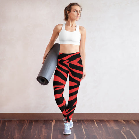 Red Zebra Yoga Leggings, Red and Black Zebra Striped Animal Print Active Wear Fitted Leggings Sports Long Yoga &amp; Barre Pants - Made in USA/EU/MX (US Size: XS-6XL)