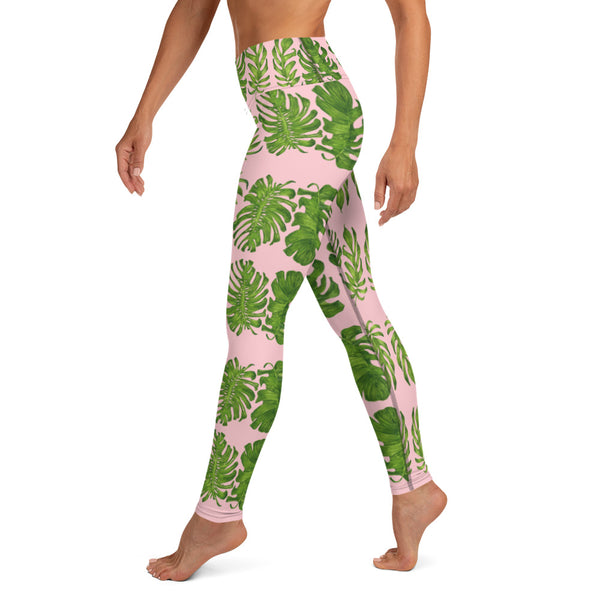 Pink Tropical Leaf Yoga Leggings - Heidikimurart Limited  Pink Tropical Leaf Yoga Leggings, Light Pink Hawaiian Style Print Active Wear Fitted Leggings Sports Long Yoga & Barre Pants - Made in USA/EU/MX (US Size: XS-6XL)