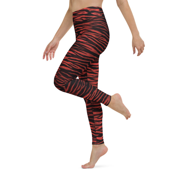 Red Tiger Ladies' Yoga Tights, Black Tiger Stripe Women's Leggings, Dark Black Women's Tiger Stripe Animal Skin Pattern Active Wear Fitted Leggings Sports Long Yoga & Barre Pants - Made in USA/EU/MX