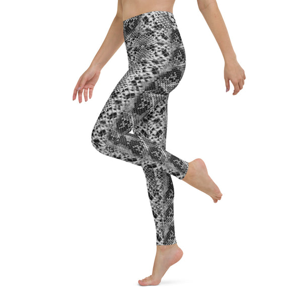 Snakeskin Print Women's Yoga Leggings, Black Grey Snake Python Reptile Print Gym Active Fitted Leggings Sports Yoga Pants - Made in USA/EU/MX (US Size: XS-XL)