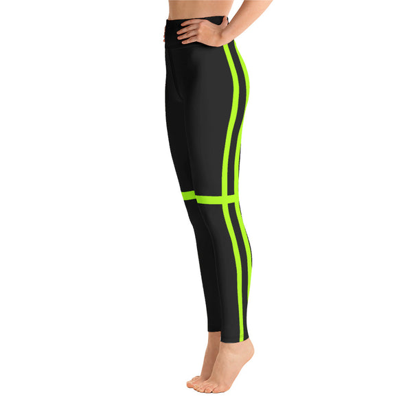 Neon Green Striped Yoga Leggings, Black Green Vertical and Horizontal Stripes Women's Long Tight Pants Workout Fitted Leggings Sports Long Yoga Pants w/ Inside Pockets - Made in USA/EU/MX (US Size: XS-XL) 