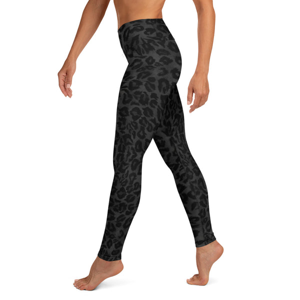 Grey Leopard Print Yoga Leggings, Black Leopard Animal Leopard Print Yoga Leggings, Best Athletic Active Wear Fitted Leggings Sports Long Yoga & Barre Pants - Made in USA/EU/MX (US Size: XS-6XL)
