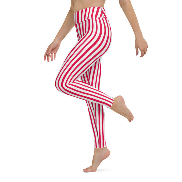 Red White Striped Yoga Leggings, Colorful Vertical Stripes Women's Long Tight Pants Workout Fitted Leggings Sports Long Yoga Pants w/ Inside Pockets - Made in USA/EU/MX (US Size: XS-XL)    