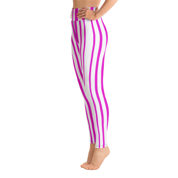 Pink White Stripes Yoga Leggings, Vertically Striped Women's Long Tight Pants Workout Fitted Leggings Sports Long Yoga Pants w/ Inside Pockets - Made in USA/EU/MX (US Size: XS-XL)    