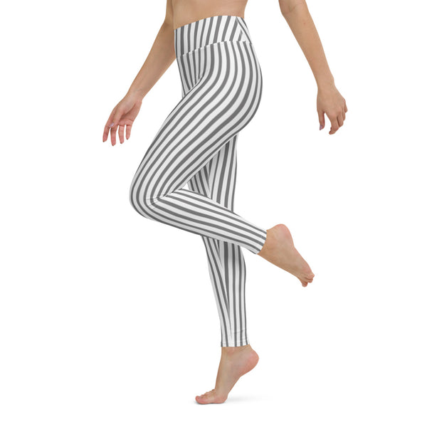 Grey White Striped Yoga Leggings, Vertical Stripes Women's Long Tight Pants Workout Fitted Leggings Sports Long Yoga Pants w/ Inside Pockets - Made in USA/EU/MX (US Size: XS-XL)    