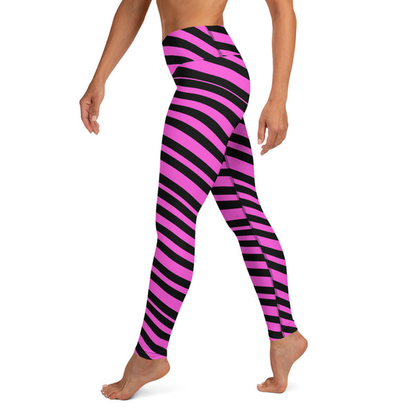 Pink Black Stripes Yoga Leggings, Diagonally Striped Women's Long Tight Pants Workout Fitted Leggings Sports Long Yoga Pants w/ Inside Pockets - Made in USA/EU/MX (US Size: XS-XL)    