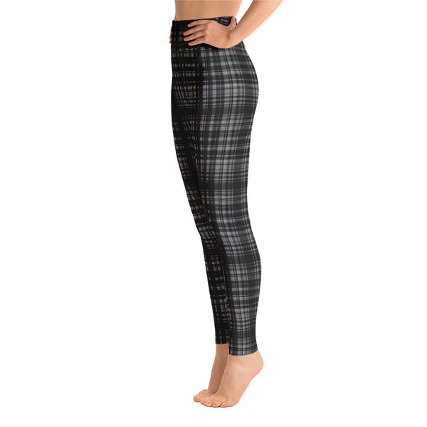 Black Grey Plaid Yoga Leggings, Scottish Tartan Printed Active Wear Fitted Leggings Sports Long Yoga & Barre Pants - Made in USA/EU/MX (US Size: XS-6XL)