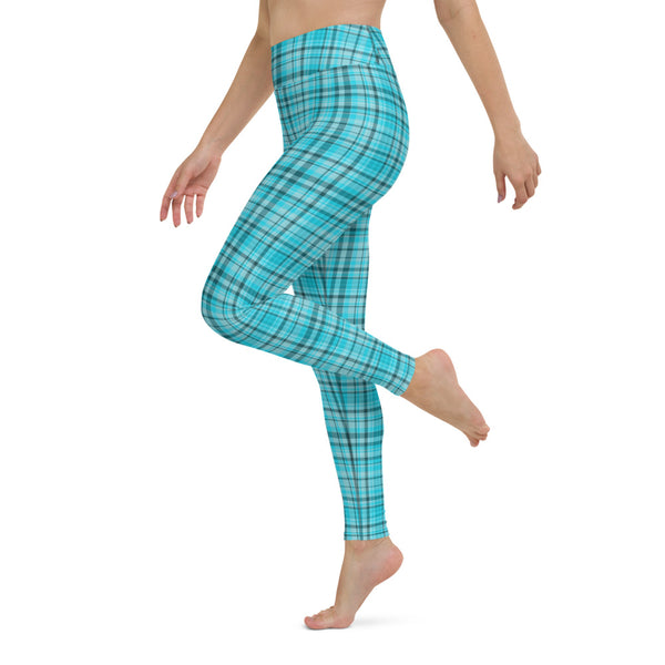 Light Blue Plaid Yoga Leggings, Scottish Style Tartan Print  Active Wear Fitted Leggings Sports Long Yoga & Barre Pants - Made in USA/EU/MX (US Size: XS-6XL)