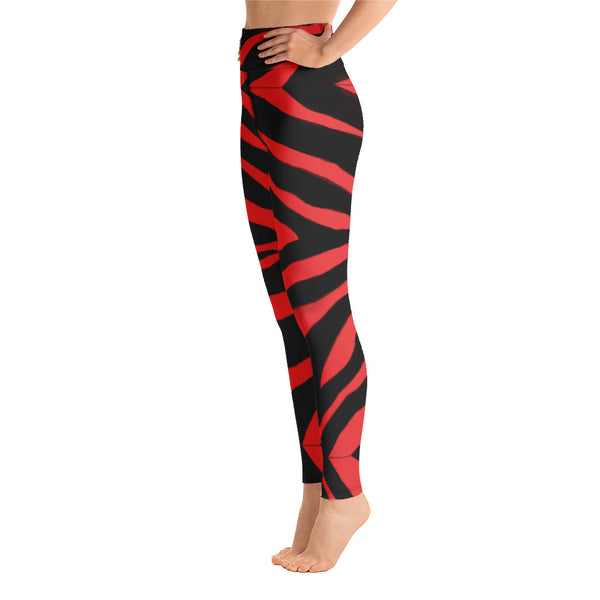 Red Zebra Yoga Leggings, Red and Black Zebra Animal Print Best Women's Active Wear Sports Long Yoga Pants-Made in USA/EU/MX