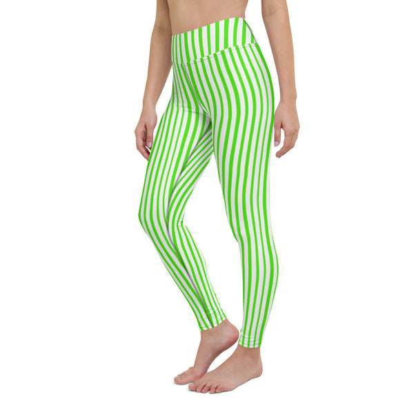 Green White Striped Yoga Leggings, Vertical Stripes Colorful Women's Long Tight Pants Workout Fitted Leggings Sports Long Yoga Pants w/ Inside Pockets - Made in USA/EU/MX (US Size: XS-XL)    