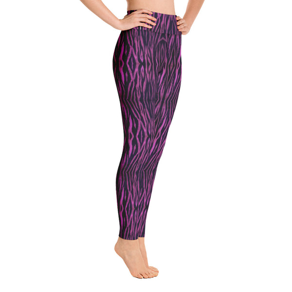 Purple Tiger Striped Yoga Leggings, Tiger Stripes Animal Print Active Wear Fitted Leggings Sports Long Yoga & Barre Pants - Made in USA/EU/MX (US Size: XS-6XL)