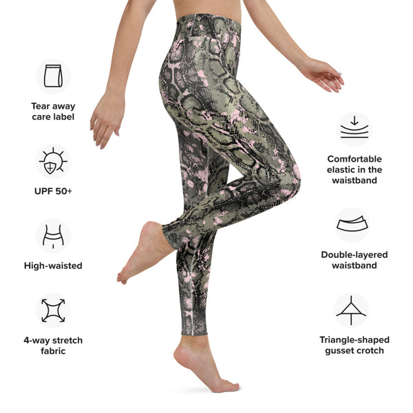 Snakeskin Print Women's Yoga Leggings, Black Grey Light Pink Snake Python Reptile Print Gym Active Fitted Leggings Sports Yoga Pants For Ladies - Made in USA/EU/MX (US Size: XS-XL)