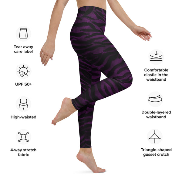Dark Purple Tiger Tights, Purple Tiger Stripes Animal Print Wild Cats Skin Pattern Active Wear Fitted Leggings Sports Long Yoga & Barre Pants - Made in USA/EU/MX