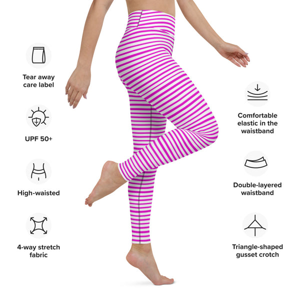 Pink White Stripes Yoga Leggings, Horizontally Striped Women's Long Tight Pants Workout Fitted Leggings Sports Long Yoga Pants w/ Inside Pockets - Made in USA/EU/MX (US Size: XS-XL)  