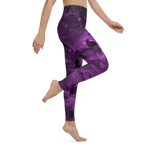 Purple Abstract Floral Yoga Leggings, Flower Rose Printed Abstract Tights Long Women's Gym Tights, Best Designer Women's Tights Long Yoga Pants, Designer Premium Quality Active Wear Fitted Leggings Sports Long Yoga & Barre Pants - Made in USA/EU/MX (US Size: XS-6XL)