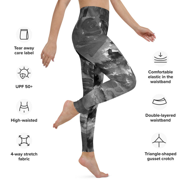 Grey Floral Print Yoga Leggings, Flower Rose Printed Abstract Tights Long Women's Gym Tights, Best Designer Women's Tights Long Yoga Pants, Designer Premium Quality Active Wear Fitted Leggings Sports Long Yoga & Barre Pants - Made in USA/EU/MX (US Size: XS-6XL)