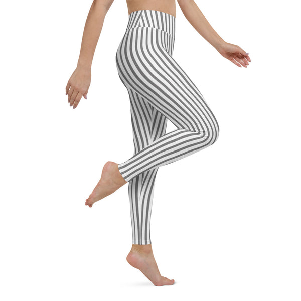 Grey White Striped Yoga Leggings, Vertical Stripes Women's Long Tight Pants Workout Fitted Leggings Sports Long Yoga Pants w/ Inside Pockets - Made in USA/EU/MX (US Size: XS-XL)    