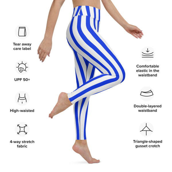 Blue White Striped Yoga Leggings, Vertical Striped Colorful Women's Long Tight Pants Workout Fitted Leggings Sports Long Yoga Pants w/ Inside Pockets - Made in USA/EU/MX (US Size: XS-XL)    