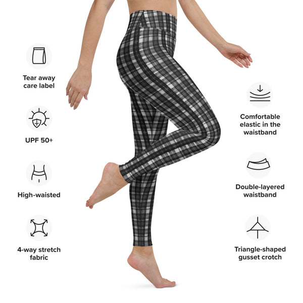 Black White Plaid Yoga Leggings, Scottish Tartan Printed Active Wear Fitted Leggings Sports Long Yoga & Barre Pants - Made in USA/EU/MX (US Size: XS-6XL)