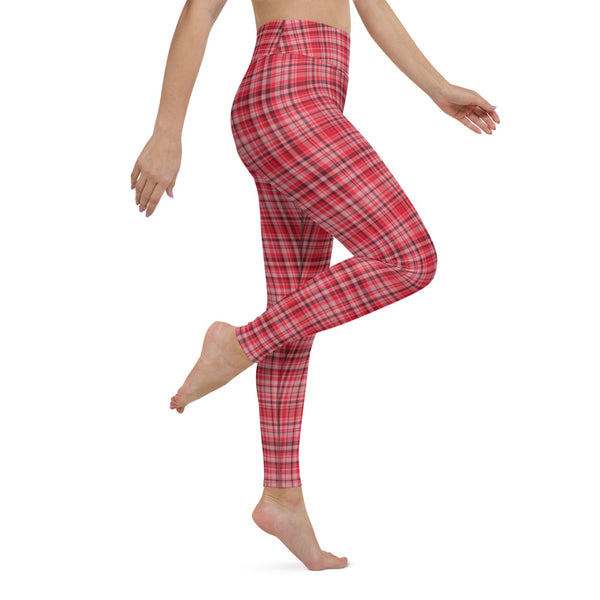 Red White Plaid Yoga Leggings, Classic Designer Traditional Style Scottish Tartan Printed Active Wear Fitted Leggings Sports Long Yoga & Barre Pants - Made in USA/EU/MX (US Size: XS-6XL)