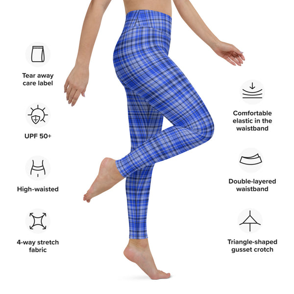 Blue Plaid Yoga Leggings, Scottish Tartan Printed Active Wear Fitted Leggings Sports Long Yoga & Barre Pants - Made in USA/EU/MX (US Size: XS-6XL)