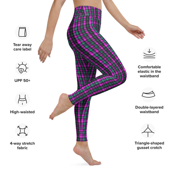 Pink Green Plaid Yoga Leggings, Scottish Tartan Printed Active Wear Fitted Leggings Sports Long Yoga & Barre Pants - Made in USA/EU/MX (US Size: XS-6XL)