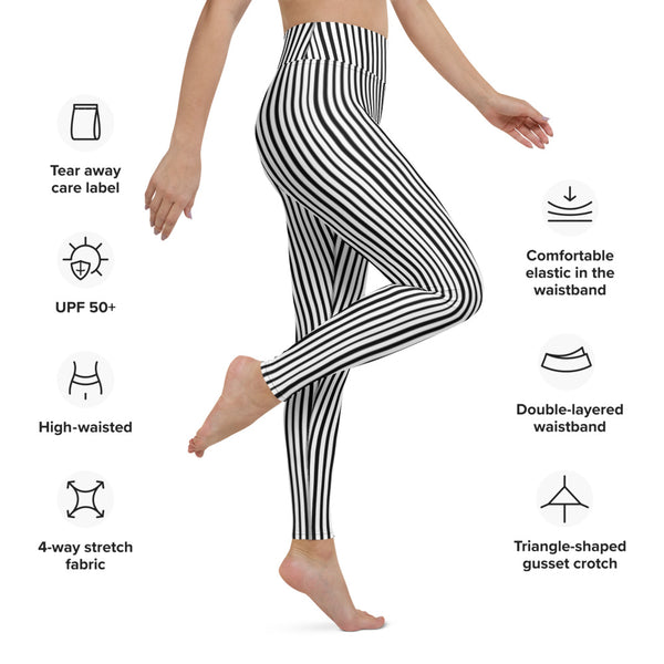 Black White Striped Yoga Leggings, Vertical Stripes Women's Long Tight Pants Workout Fitted Leggings Sports Long Yoga Pants w/ Inside Pockets - Made in USA/EU/MX (US Size: XS-XL)    