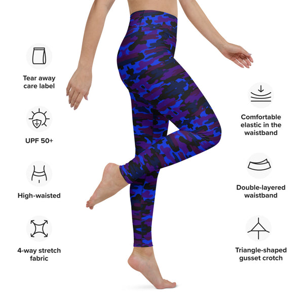 Blue Purple Camo Yoga Leggings, Army Military Camouflaged Printed Women's Tights Long Yoga Pants, Designer Premium Quality Active Wear Fitted Leggings Sports Long Yoga & Barre Pants - Made in USA/EU/MX (US Size: XS-6XL)