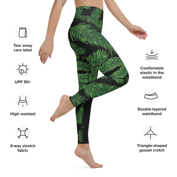 Black Green Tropical Yoga Leggings, Hawaiian Style Women's Long Sports Tights-Made in USA/EU/MX