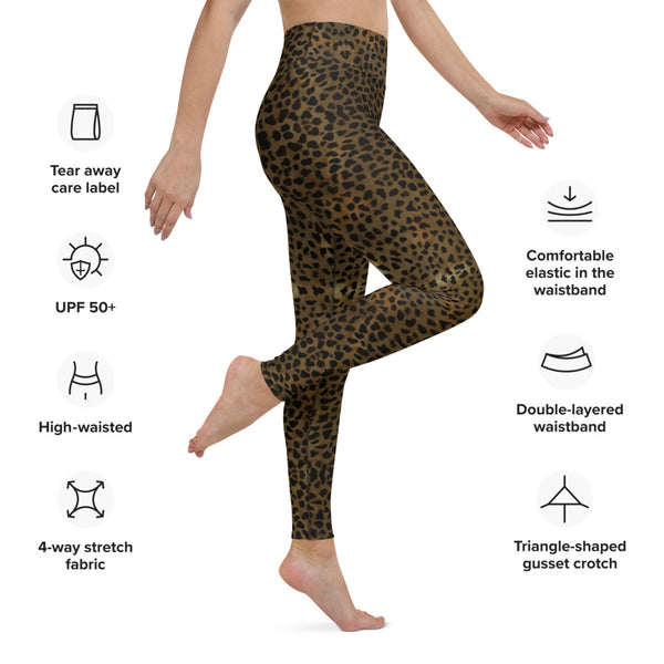 Brown Cheetah Print Yoga Leggings, Abstract Animal Print Tights Leopard Animal Print Long Women's Gym Tights, Best Designer Women's Tights Long Yoga Pants, Designer Premium Quality Active Wear Fitted Leggings Sports Long Yoga & Barre Pants - Made in USA/EU/MX (US Size: XS-6XL)