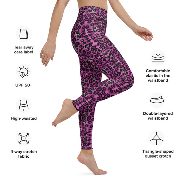 Pink Leopard Women's Yoga Leggings, Animal Print Designer Workout Gym Tights Women's Long Dressy Fancy Premium Quality Casual Leggings/ Running Tights - Made in USA/EU (US Size: XS-XL)