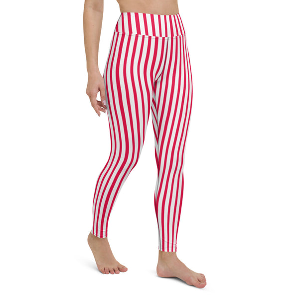 Red White Striped Yoga Leggings, Colorful Vertical Stripes Women's Long Tight Pants Workout Fitted Leggings Sports Long Yoga Pants w/ Inside Pockets - Made in USA/EU/MX (US Size: XS-XL)    