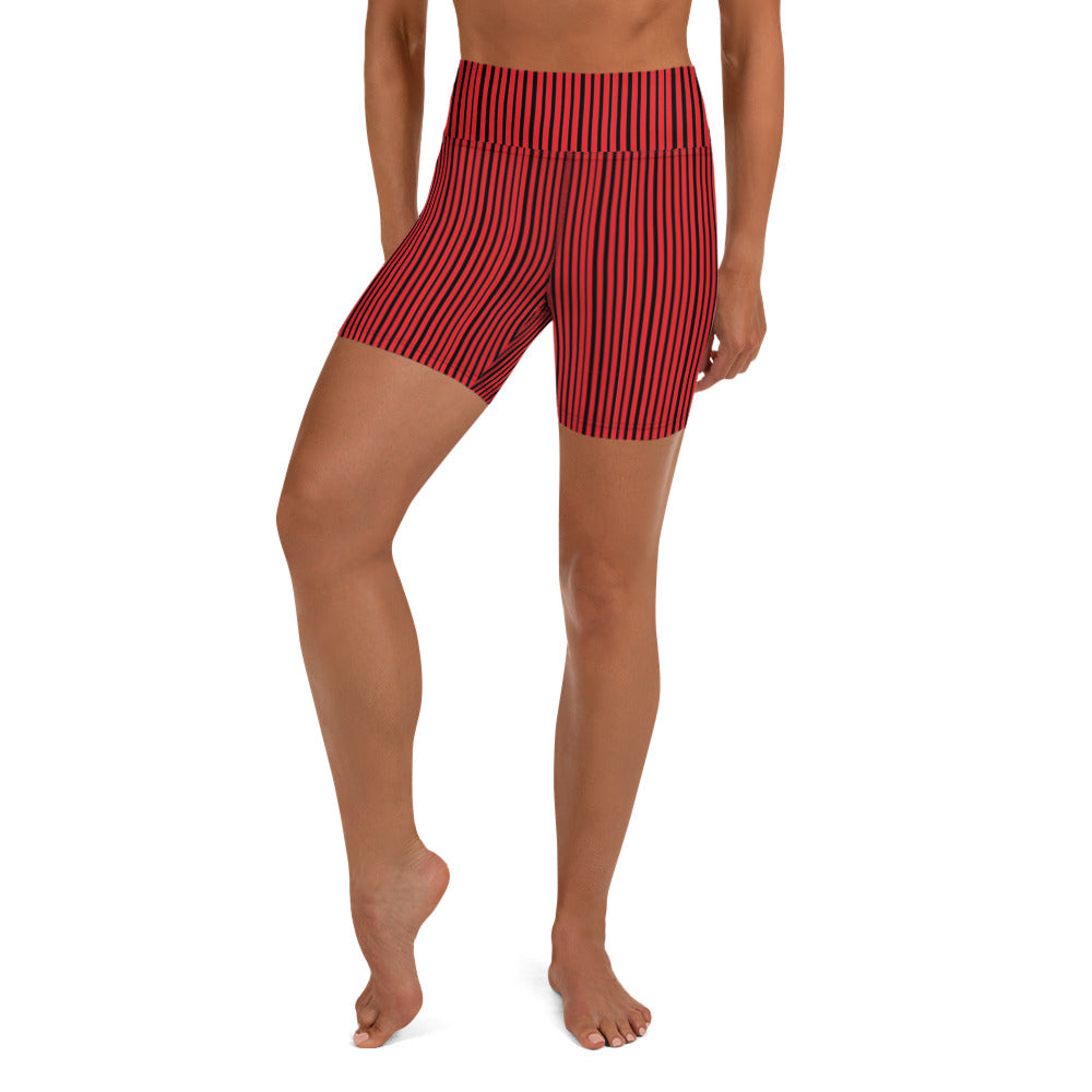 Black Striped Women's Yoga Shorts-Heidikimurart Limited -XS-Heidi Kimura Art LLC Black Striped Women's Yoga Shorts, Red Modern Gym Bestselling Women's Sexy Premium Quality Yoga Shorts, Gym Fitness Tights, Short Workout Hot Pants, Made in USA/ EU/ MX (US Size: XS-XL)