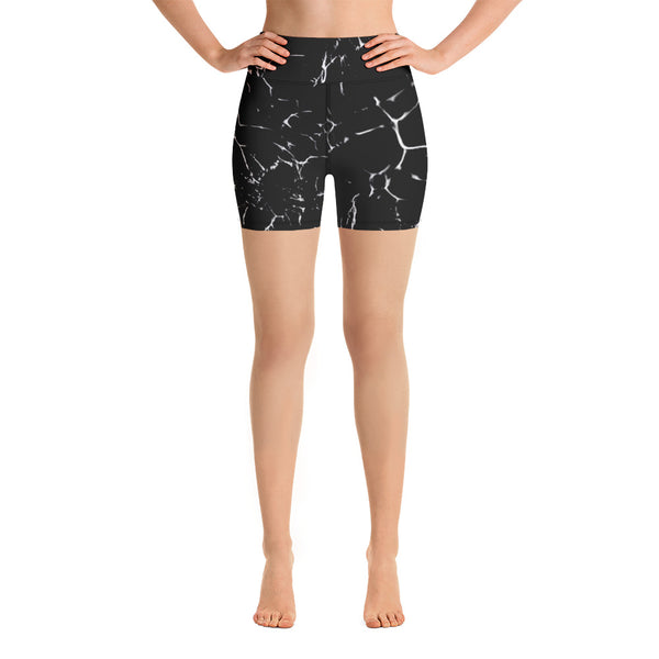 Black Marble Print Yoga Shorts-Heidikimurart Limited -Heidi Kimura Art LLC Black Marbled Yoga Shorts, Marble Print Best Bestselling Women's Sexy Premium Quality Yoga Shorts, Gym Fitness Tights, Short Workout Hot Pants, Made in USA/ EU/ MX  (US Size: XS-XL) 