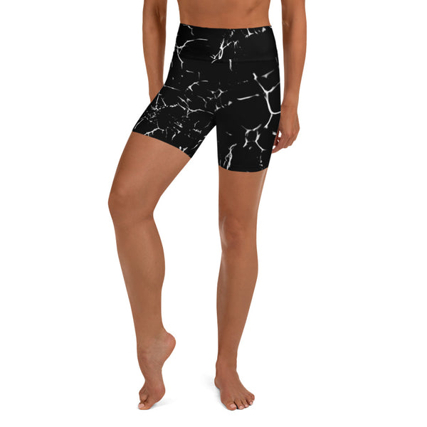 Black Marble Print Yoga Shorts-Heidikimurart Limited -Heidi Kimura Art LLC Black Marbled Yoga Shorts, Marble Print Best Bestselling Women's Sexy Premium Quality Yoga Shorts, Gym Fitness Tights, Short Workout Hot Pants, Made in USA/ EU/ MX  (US Size: XS-XL) 