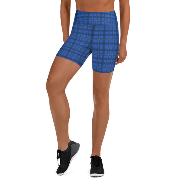 Royal Blue Plaid Yoga Shorts, Preppy Tartan Print Workout Gym Tights, Premium Quality Women's High Waist Spandex Fitness Workout Yoga Shorts, Yoga Tights, Fashion Gym Quick Drying Short Pants With Pockets - Made in USA/EU/MX (US Size: XS-XL) Yoga Bottoms, Yoga Clothes, Activeweaar, Best Women's Yoga Shorts, Women's Athletic Shorts, Running, Workout, Yoga Tights