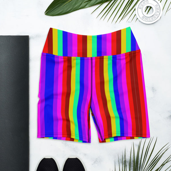 Rainbow Gay Pride Yoga Shorts, Colorful Rainbow Striped Designer Premium Quality Women's High Waist Spandex Fitness Workout Yoga Shorts, Yoga Tights, Fashion Gym Quick Drying Short Pants With Pockets - Made in USA/EU/MX (US Size: XS-XL)
