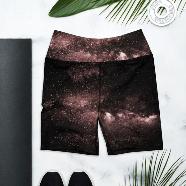 Galaxy Designer Women's Yoga Shorts, Pink Space Milky Way Women's Galaxy Print Yoga Shorts, Universe Cosmos Designer Premium Quality Women's High Waist Spandex Fitness Workout Yoga Shorts, Yoga Tights, Fashion Gym Quick Drying Short Pants With Pockets - Made in USA/EU/MX (US Size: XS-XL)