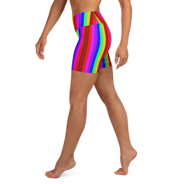 Rainbow Gay Pride Yoga Shorts, Colorful Rainbow Striped Designer Premium Quality Women's High Waist Spandex Fitness Workout Yoga Shorts, Yoga Tights, Fashion Gym Quick Drying Short Pants With Pockets - Made in USA/EU/MX (US Size: XS-XL)