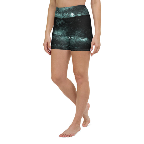 Galaxy Print Women's Yoga Shorts, Blue Space Milky Way Women's Galaxy Print Yoga Shorts, Universe Cosmos Designer Premium Quality Women's High Waist Spandex Fitness Workout Yoga Shorts, Yoga Tights, Fashion Gym Quick Drying Short Pants With Pockets - Made in USA/EU/MX (US Size: XS-XL)