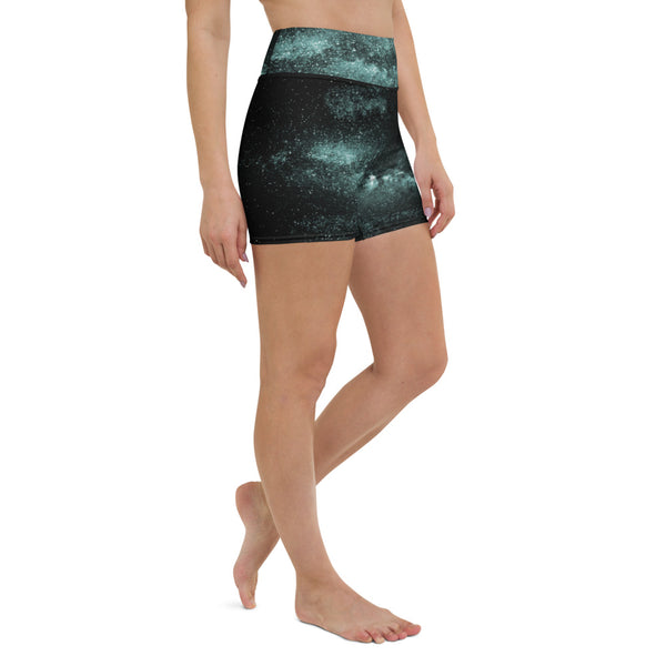 Galaxy Print Women's Yoga Shorts, Blue Space Milky Way Women's Galaxy Print Yoga Shorts, Universe Cosmos Designer Premium Quality Women's High Waist Spandex Fitness Workout Yoga Shorts, Yoga Tights, Fashion Gym Quick Drying Short Pants With Pockets - Made in USA/EU/MX (US Size: XS-XL)