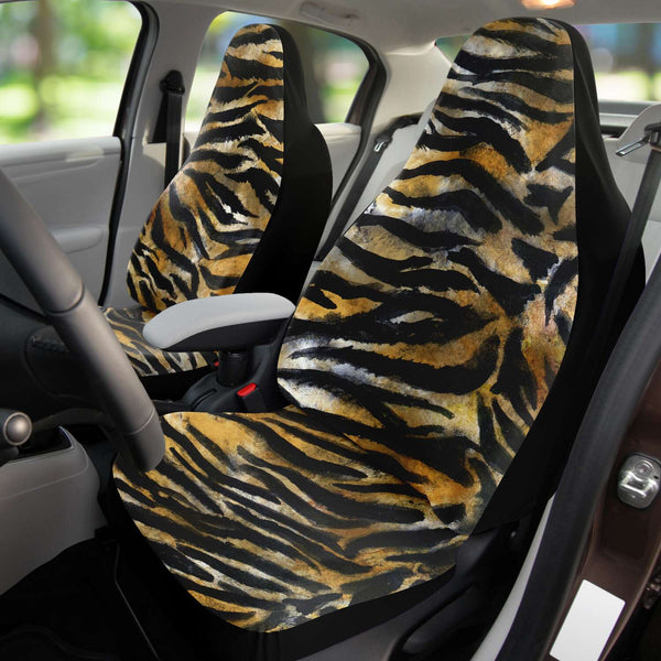 Tiger Stripe Car Seat Covers, Brown Wild Tiger Animal Print Designer Essential Premium Quality Best Machine Washable Microfiber Luxury Car Seat Cover - 2 Pack For Your Car Seat Protection, Cart Seat Protectors, Car Seat Accessories, Pair of 2 Front Seat Covers, Custom Seat Covers