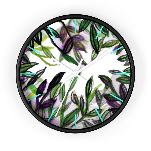 Green Purple Tropical Leaf Print Designer 10 in. Dia. Indoor Wall Clock- Made in USA-Wall Clock-10 in-Black-White-Heidi Kimura Art LLC