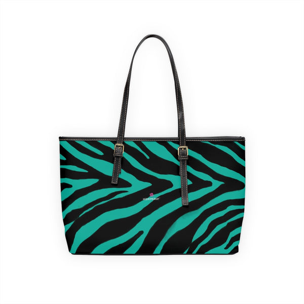 Blue Zebra Tote Bag, Zebra Striped Blue and Black Animal Print PU Leather Shoulder Large Spacious Durable Hand Work Bag 17"x11"/ 16"x10" With Gold-Color Zippers & Buckles & Mobile Phone Slots & Inner Pockets, All Day Large Tote Luxury Best Sleek and Sophisticated Cute Work Shoulder Bag For Women With Outside And Inner Zippers