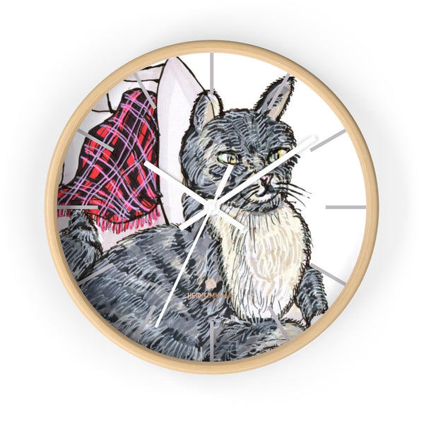 Gray Cat Print Wall Clock, Cute Animal Art Print 10 in. Dia. Indoor Wall Clock- Made in USA-Wall Clock-10 in-Wooden-White-Heidi Kimura Art LLC